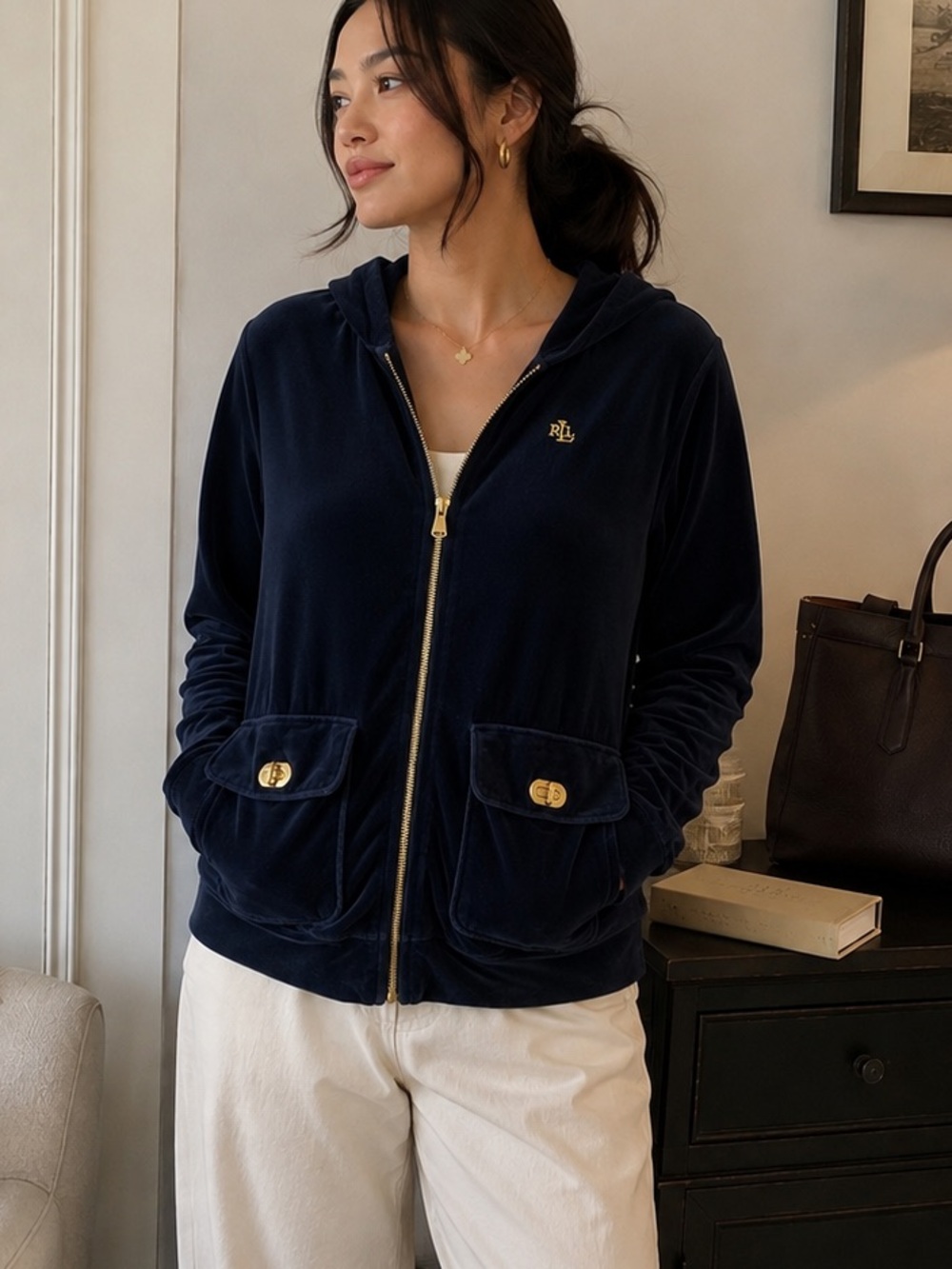 Lauren Ralph Lauren Navy Velour Zip Hoodie with Gold Accents